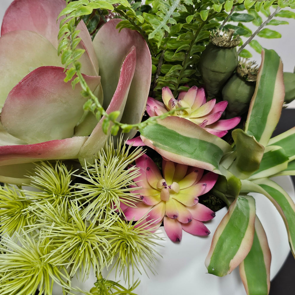 Mixed Succulents, Ferns and Lotus Pods in Bowl. FH: 12" - LDF Silk