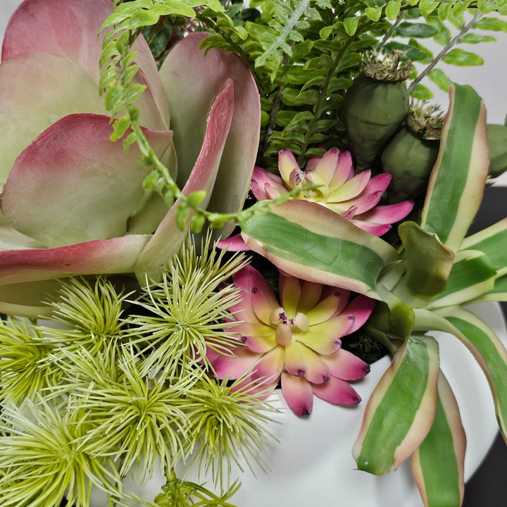 Mixed Succulents, Ferns and Lotus Pods in Bowl. FH: 12" - LDF Silk