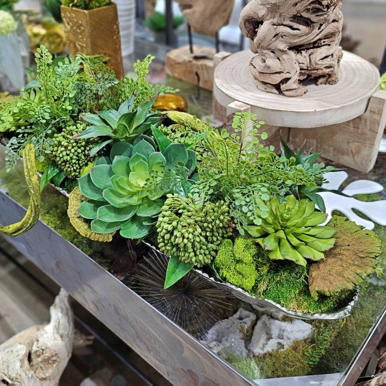 Mixed Succulents, Sedum, and Ferns in Metal Tray 11"H - LDF Silk