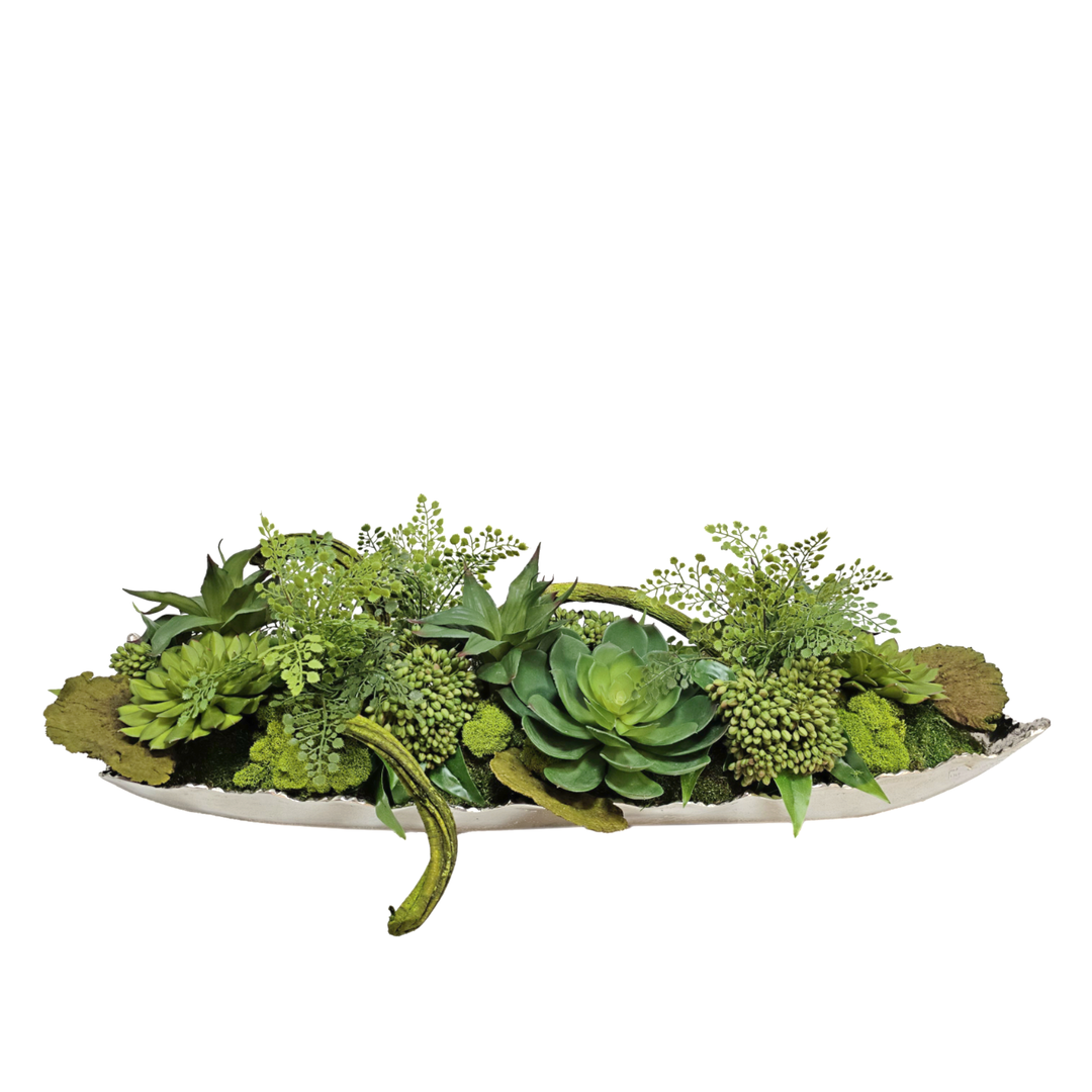 Mixed Succulents, Sedum, and Ferns in Metal Tray 11"H - LDF Silk