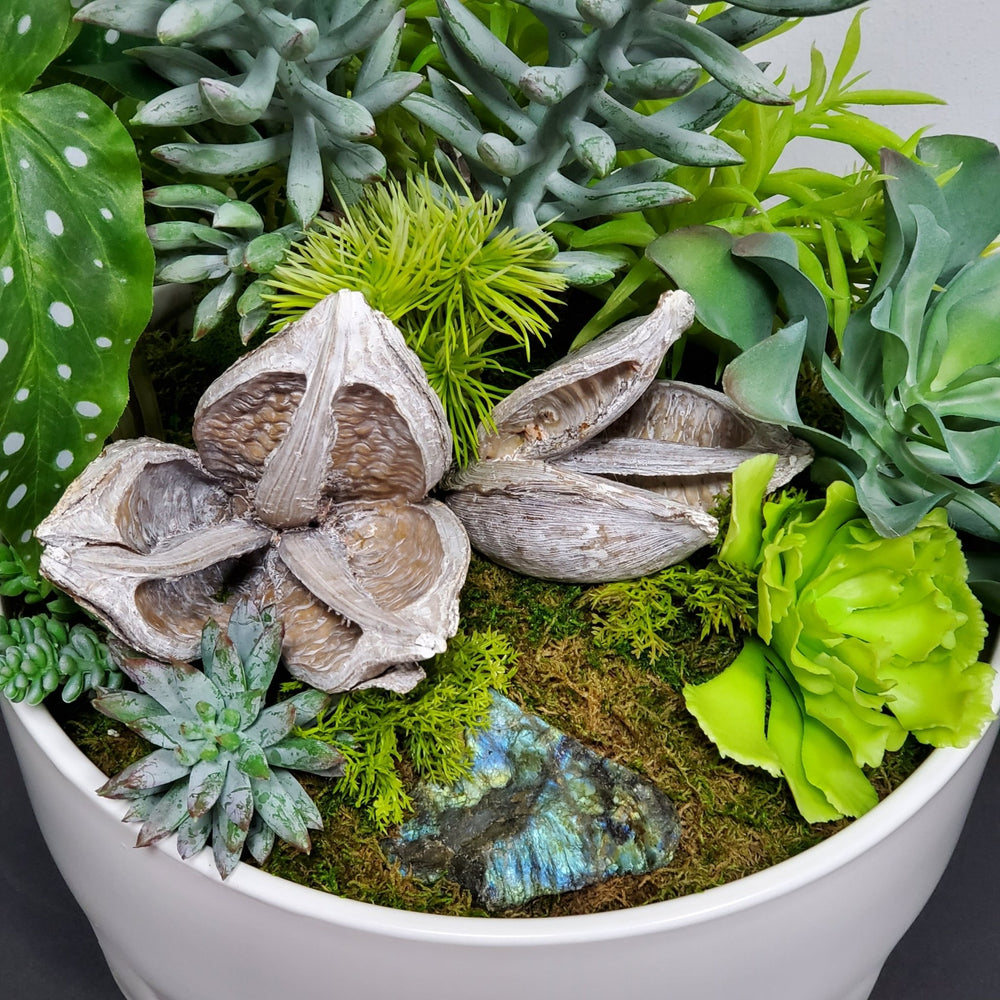 Mixed Succulents, Soro Pods and Labradorite Stone in Ceramic 22"H - LDF Silk