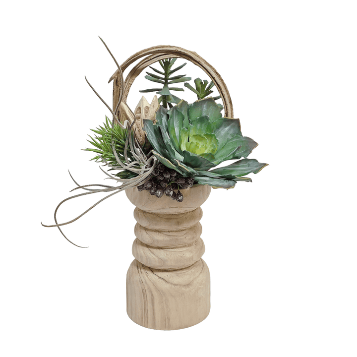 Mixed Succulents with Curly Vine and Conical Gum Branch in Wooden Pillar Container - LDF Silk