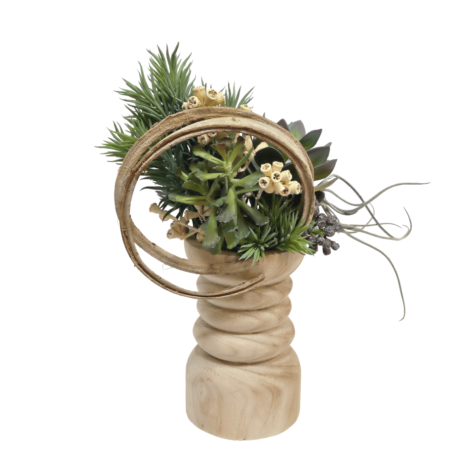 Mixed Succulents with Curly Vine and Conical Gum Branch in Wooden Pillar Container - LDF Silk