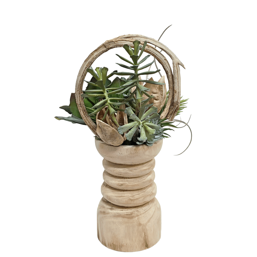 Mixed Succulents with Curly Vine and Conical Gum Branch in Wooden Pillar Container - LDF Silk