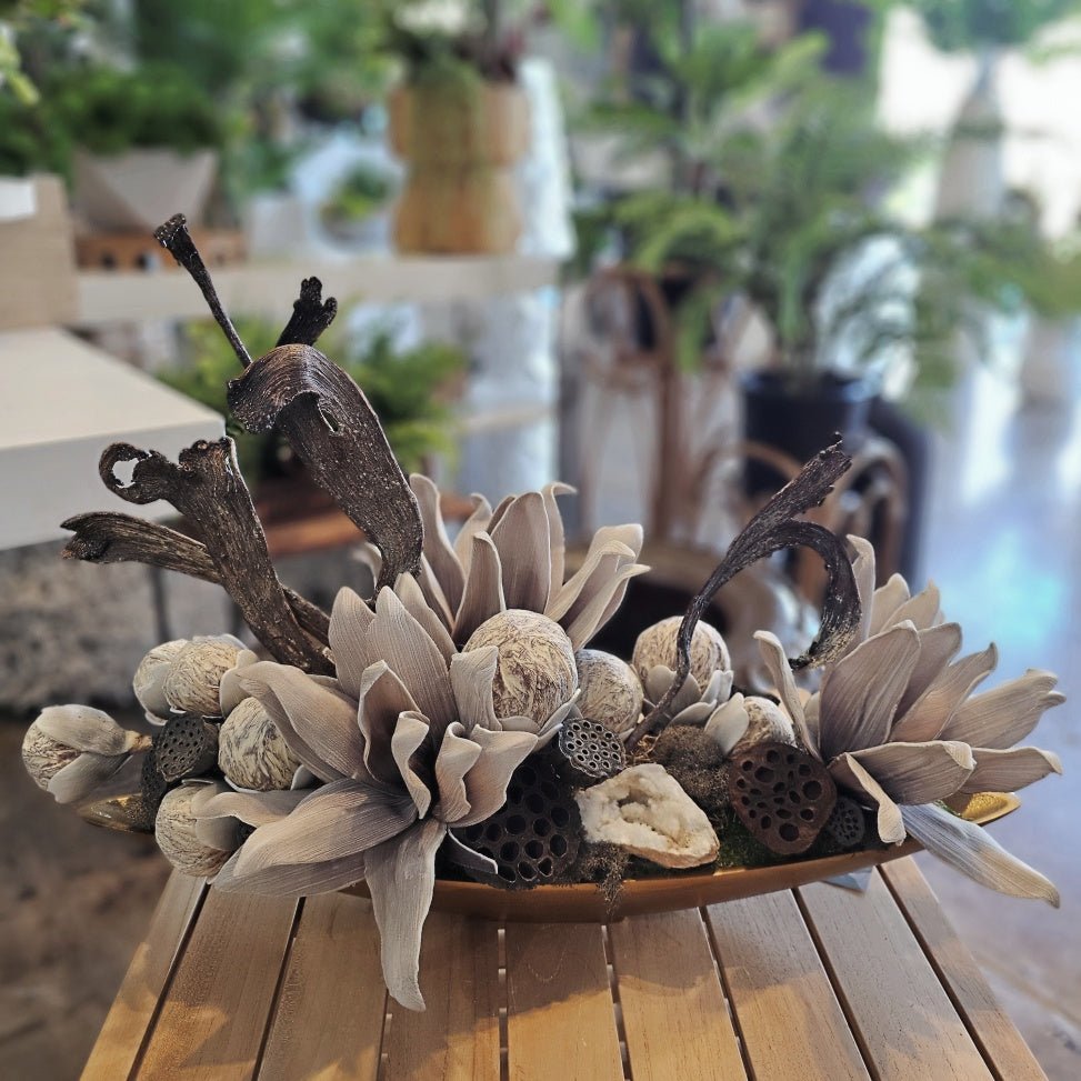 Natrag, Geode, Flowers and Lotus Pods in Metal Boat 18"H - LDF Silk
