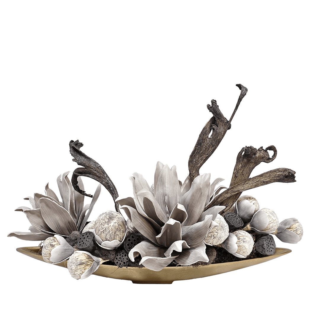 Natrag, Geode, Flowers and Lotus Pods in Metal Boat 18"H - LDF Silk