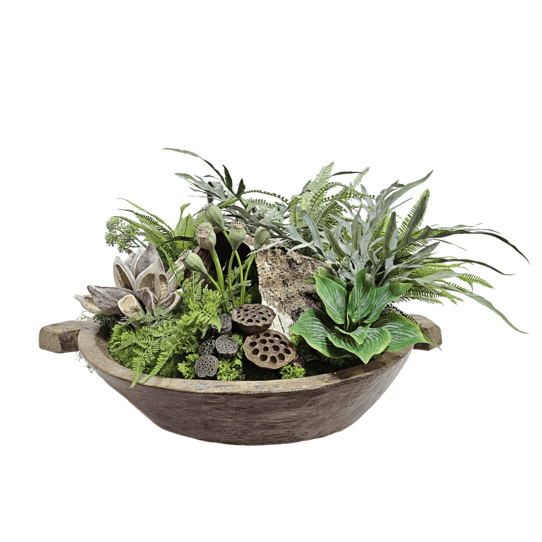 Natural Birch Bark with Mixed Fern, Sora Star, Driftwood and Lotus Pods in Antique Dough Bowl 20"H - LDF Silk