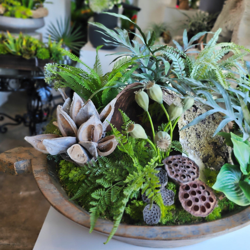 Natural Birch Bark with Mixed Fern, Sora Star, Driftwood and Lotus Pods in Antique Dough Bowl 20"H - LDF Silk