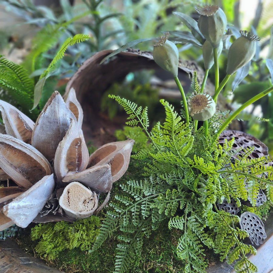 Natural Birch Bark with Mixed Fern, Sora Star, Driftwood and Lotus Pods in Antique Dough Bowl 20"H - LDF Silk