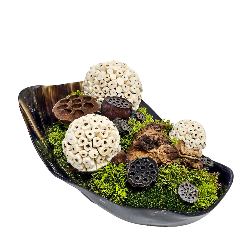 Natural Fiber Spheres with Dried Lotus Pods and Mosses in Carved Horn Bowl. FH: 7"H - LDF SilkArtificial Flora