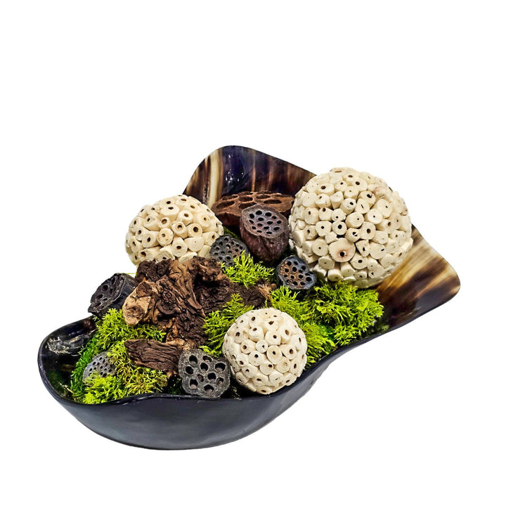 Natural Fiber Spheres with Dried Lotus Pods and Mosses in Carved Horn Bowl. FH: 7"H - LDF SilkArtificial Flora