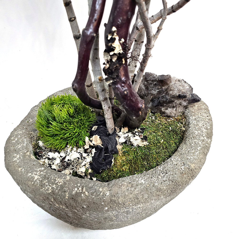 Natural Manzanita and Tiger Wood Branches with Specimen Crystal in Carved Stone Container 48"H - LDF Silk