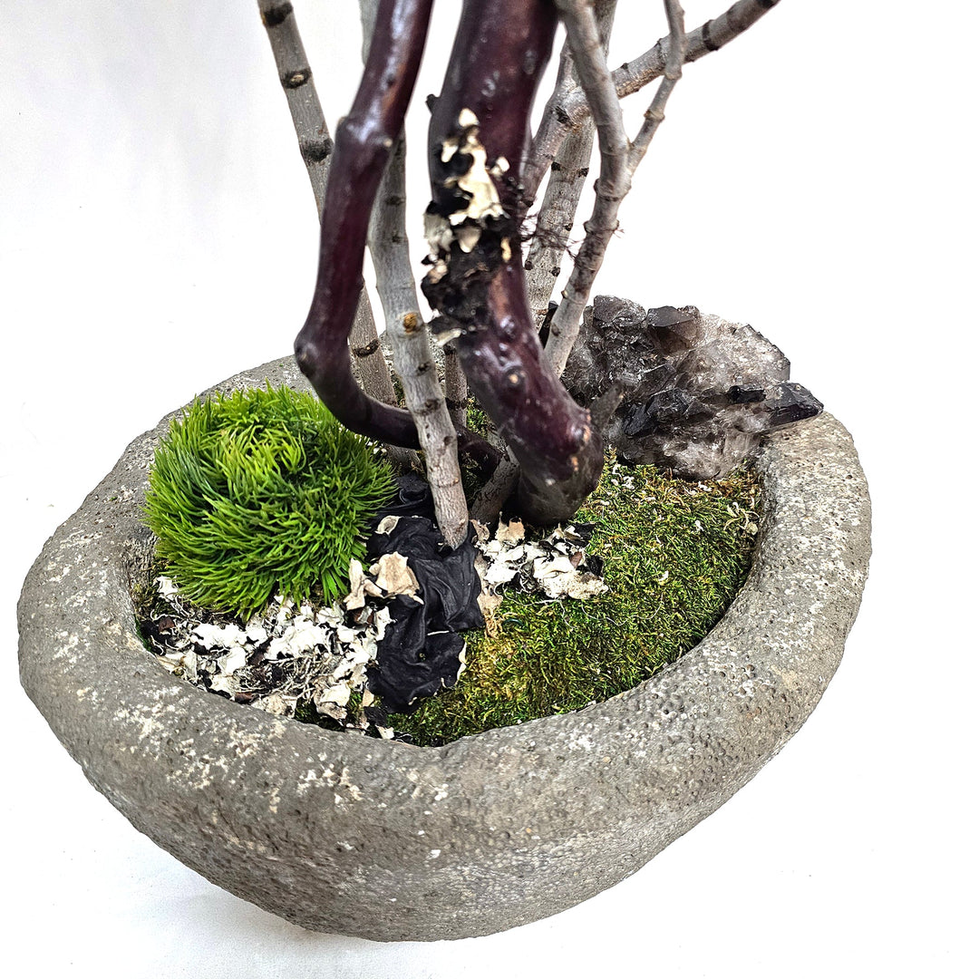 Natural Manzanita and Tiger Wood Branches with Specimen Crystal in Carved Stone Container 48"H - LDF Silk