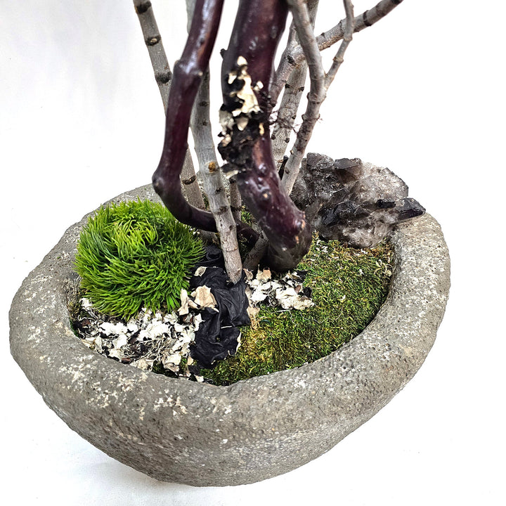 Natural Manzanita and Tiger Wood Branches with Specimen Crystal in Carved Stone Container 48"H - LDF Silk