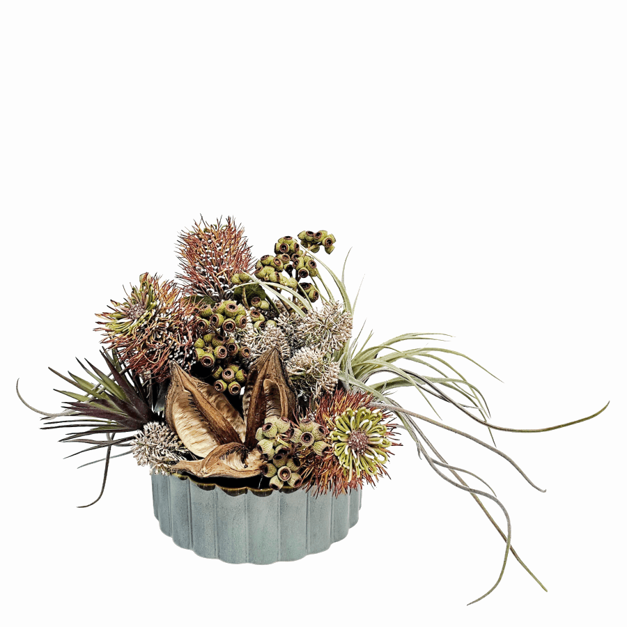 Natural Sor Pods with Protea Spray, Natural Ambernut Branch, Thistle, Tillandsia Pick, Tillandsia 11"H x 19"W x 13"D and Marginata in Ceramic Planter - LDF Silk
