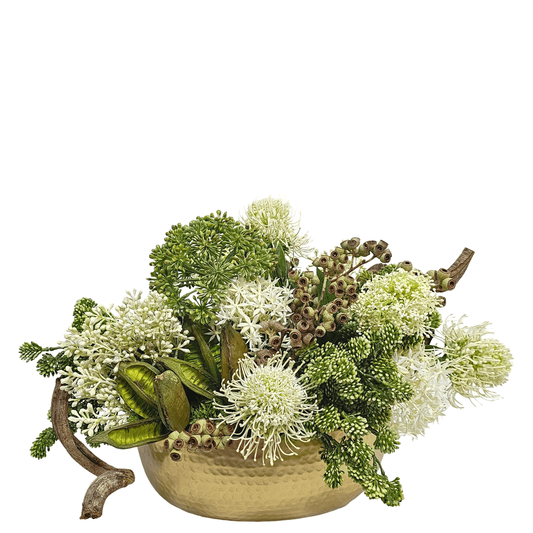 Natural Twisted Vine with Protea, Soft PE Sedum, Skimmia Spray, Sora Pod, Natural Ambernut Branch, Seeded Berry and Allium Stem in Gold Oval Hammered Bowl - LDF Silk