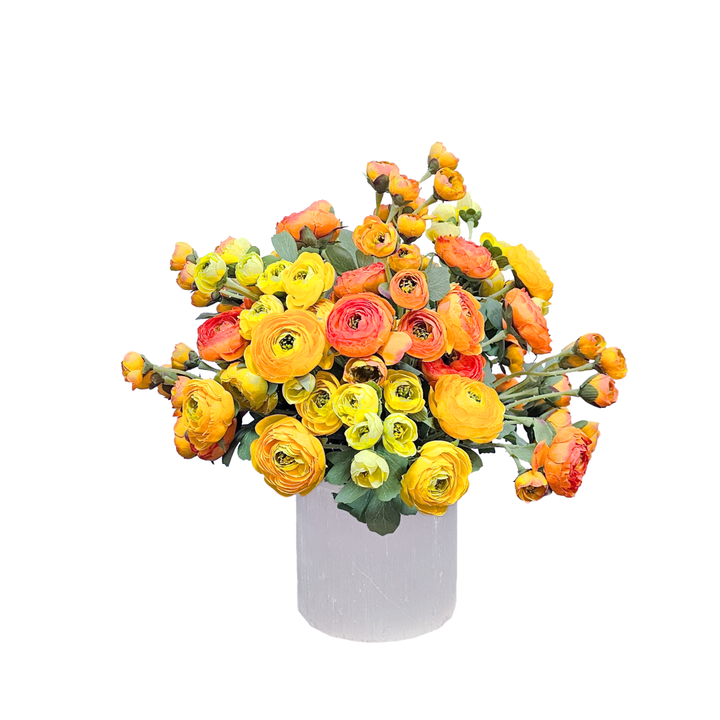 Orange and Yellow Ranunculus in Selenite Vase 15"H - LDF Silk