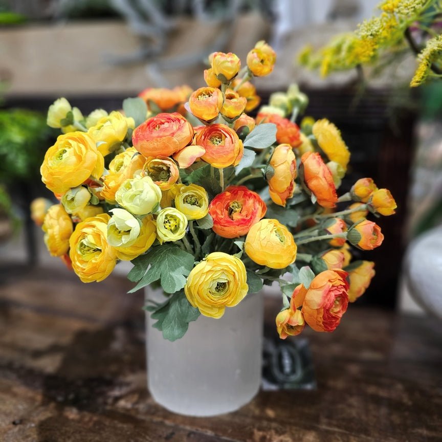 Orange and Yellow Ranunculus in Selenite Vase 15"H - LDF Silk