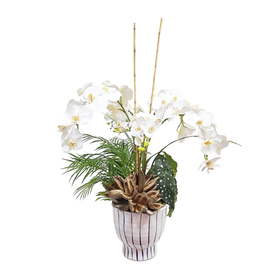 Orchid, Palms, Leaves, and Star Pod made into Ceramic Vase 41" x 26"W x 24"D - LDF Silk
