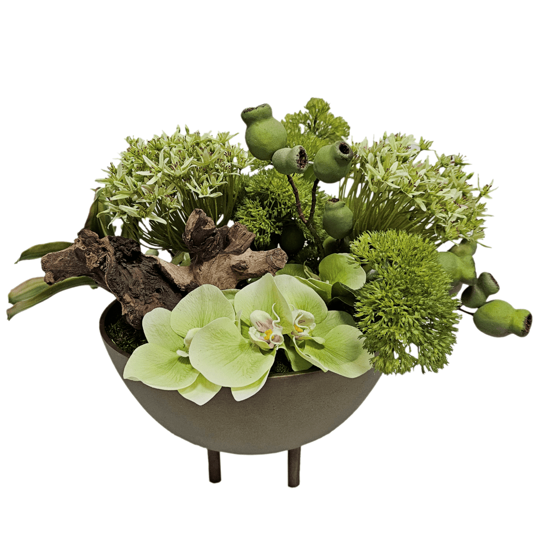 Orchids, Allium and Pods in Footed Metal Bowl. 15"H - LDF Silk