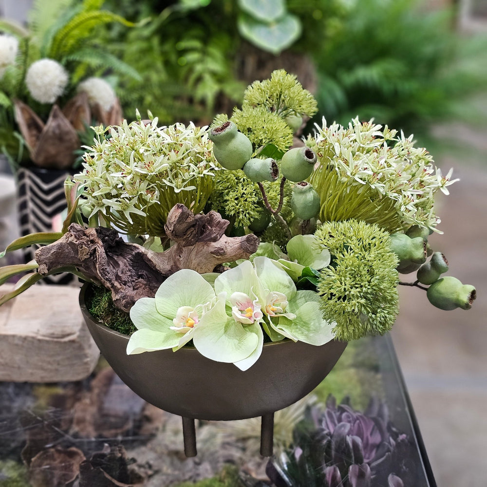 Orchids, Allium and Pods in Footed Metal Bowl. 15"H - LDF Silk