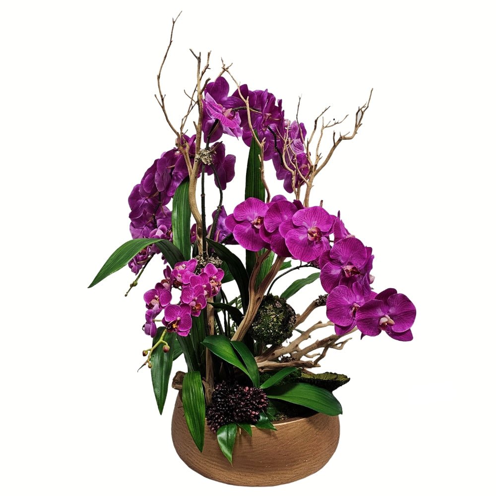 Orchids, Branches, Leaves, Seed Clusters, Moss Sphere and Mushrooms in Bowl FH: 36" H - LDF Silk