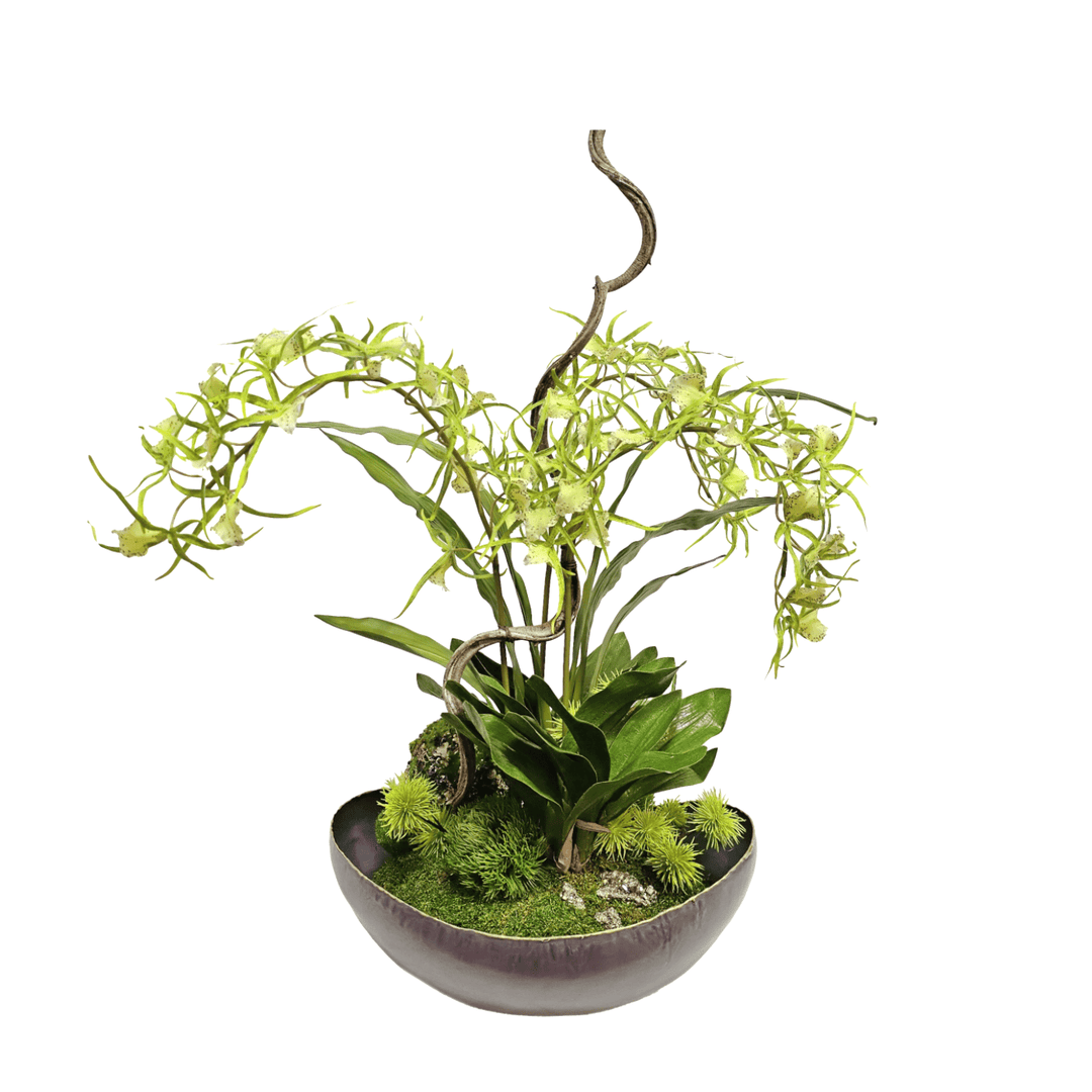 Orchids, Dinathus, Leaf Plants, and Moss Balls in Metal Bowl 32.25"H - LDF Silk