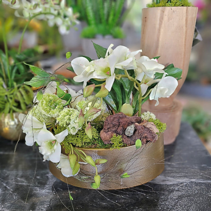 Orchids with Wood Fragment, Snowballs and Pyrite in Metal Oval Bowl 13.5"H - LDF Silk