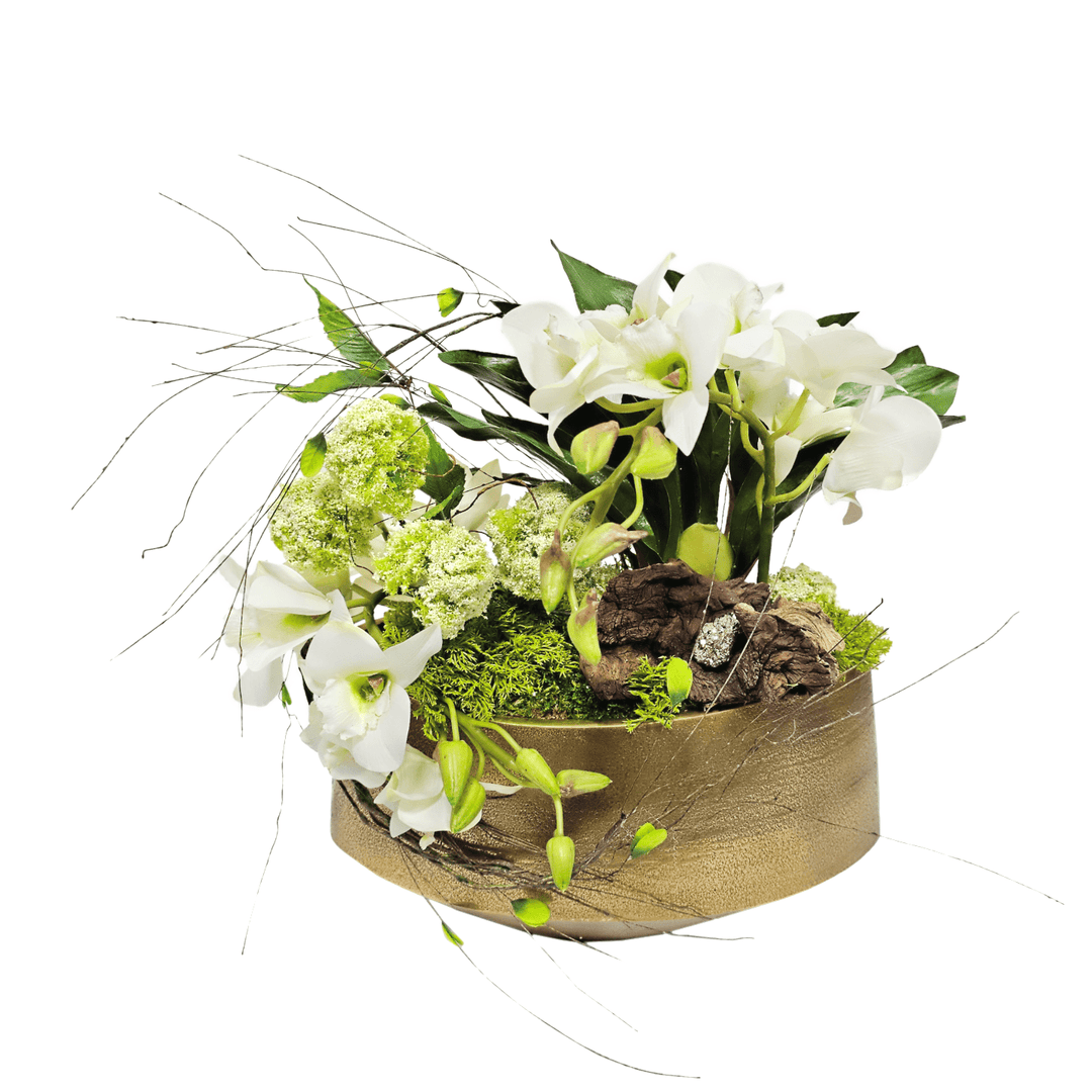 Orchids with Wood Fragment, Snowballs and Pyrite in Metal Oval Bowl 13.5"H - LDF Silk