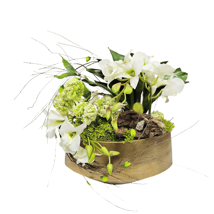 Orchids with Wood Fragment, Snowballs and Pyrite in Metal Oval Bowl 13.5"H - LDF Silk