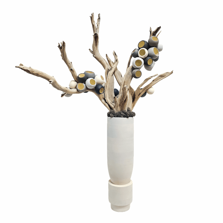 Painted Bell Cups Hand Drilled onto Ghostwood in Wood Vase 46"H X 31"W X 24"D - LDF Silk