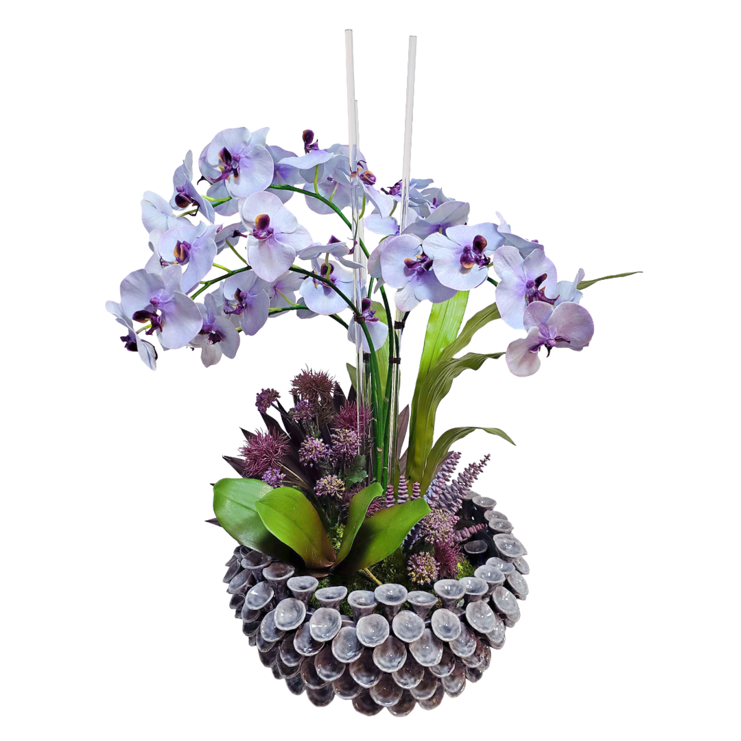Pale Purple Phalaenopsis Orchids on Acrylic Rods with Leaves, Succulents and Allium in Decorative Purple Ceramic Bowl. 35"H - LDF Silk