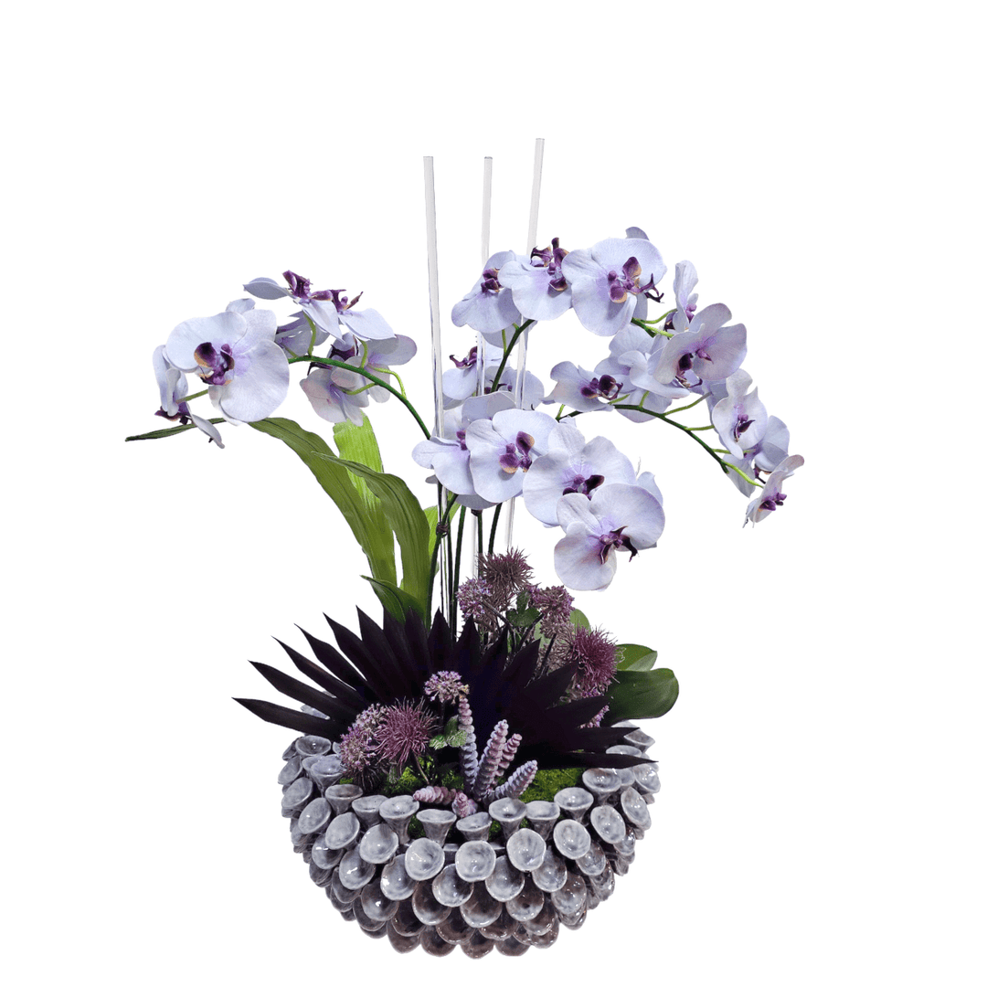 Pale Purple Phalaenopsis Orchids on Acrylic Rods with Leaves, Succulents and Allium in Decorative Purple Ceramic Bowl. 35"H - LDF Silk