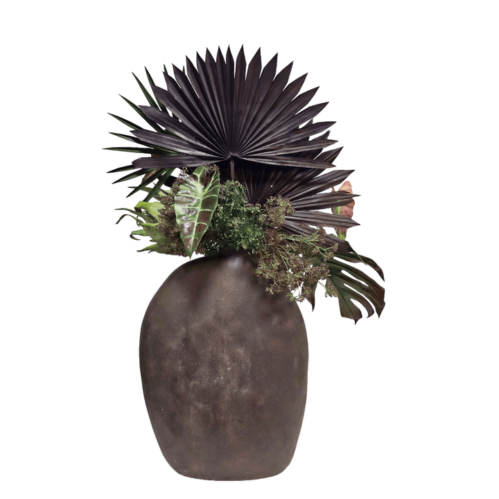 Palms, Tropical Leaves, Protea, Cypress Grass, Sedum, and Mahogany Pods in Aged Vase 41"H - LDF Silk