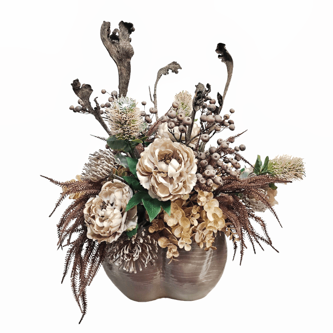 Peonies, Protea, Berries and Natural Stag Stem in Ceramic 28"H X 26"W X 26"D - LDF Silk