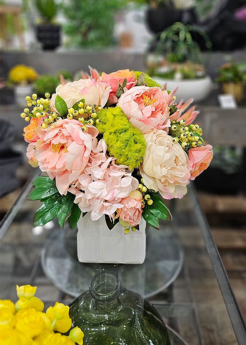 Peonies, Roses, Coxcomb and Berries in Ceramic 17" - LDF Silk