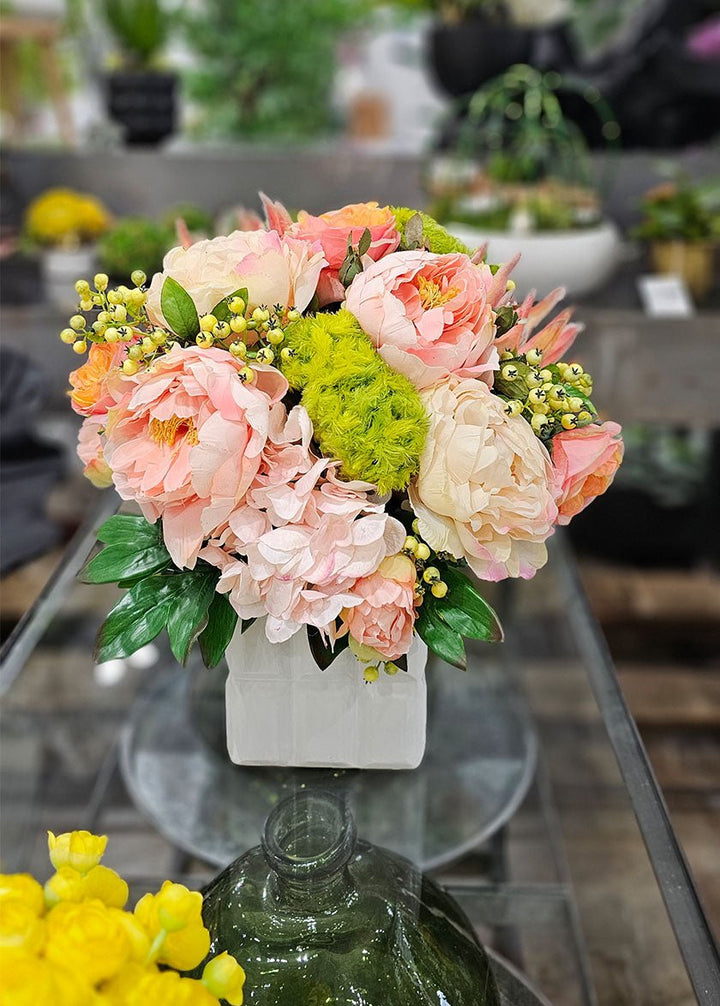 Peonies, Roses, Coxcomb and Berries in Ceramic 17" - LDF Silk