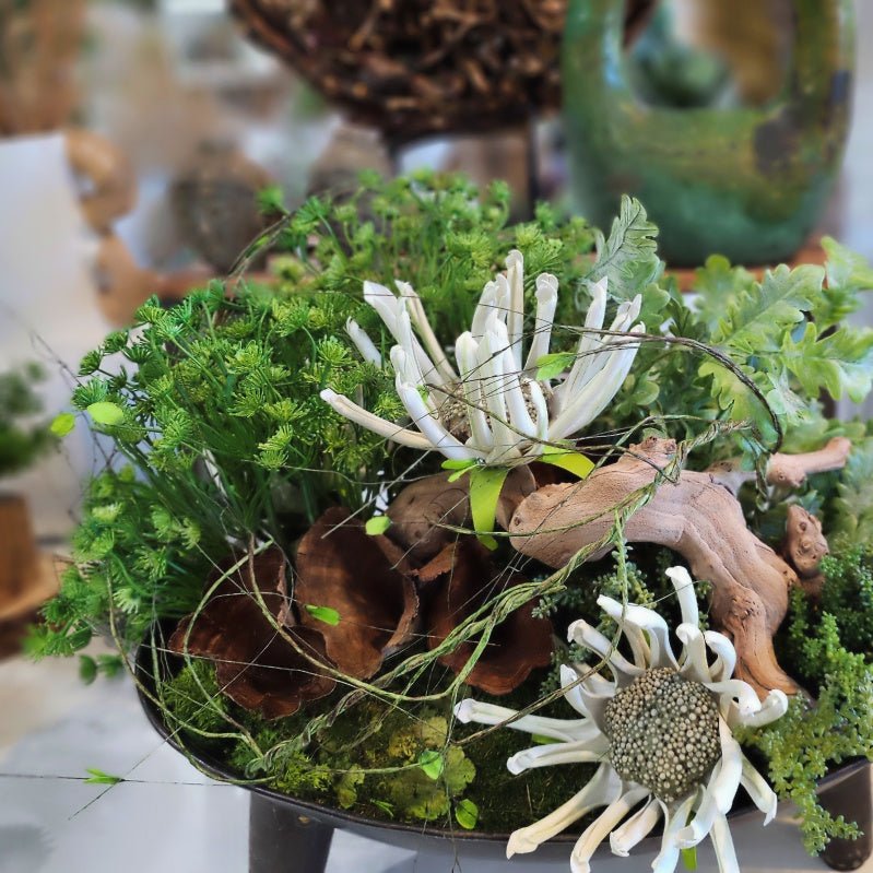 Perennials, Mixed Greens and Calice in Iron Bowl 17"H - LDF Silk