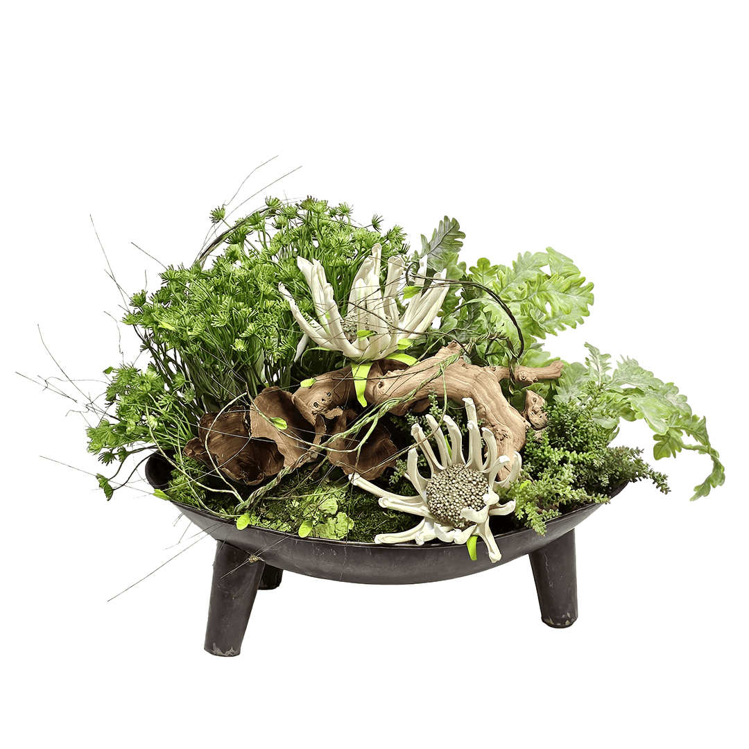 Perennials, Mixed Greens and Calice in Iron Bowl 17"H - LDF Silk