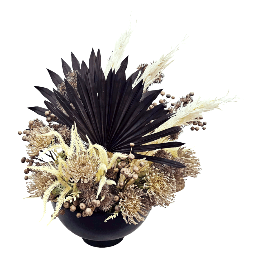 Petrified Sculpture Wood with Dried Fan Palms in Ceramic Bowl 32"H x 32"W x 24"D - LDF Silk