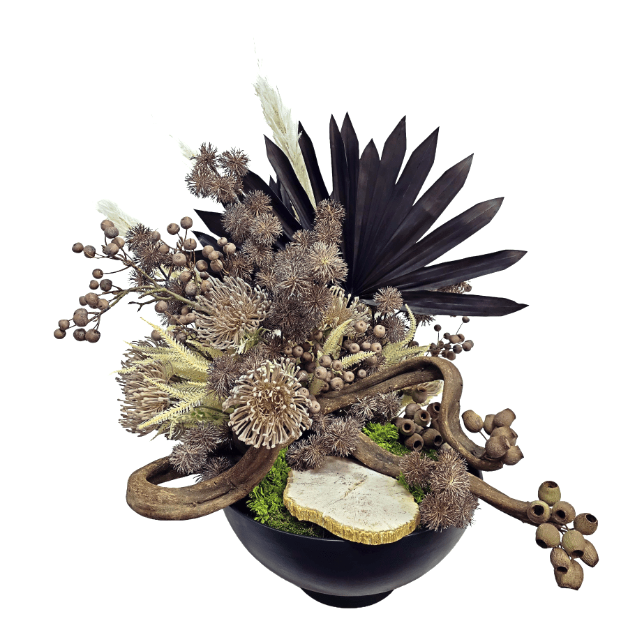 Petrified Sculpture Wood with Dried Fan Palms in Ceramic Bowl 32"H x 32"W x 24"D - LDF Silk