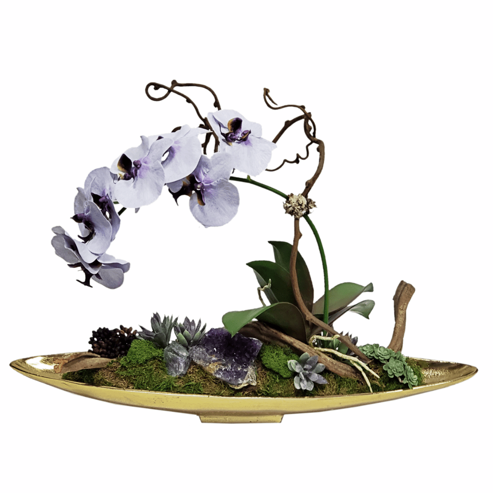 Phalaenopsis Orchid with Amethyst and Fluorite Crystals and Sedum in Boat FD: 17"H - LDF Silk