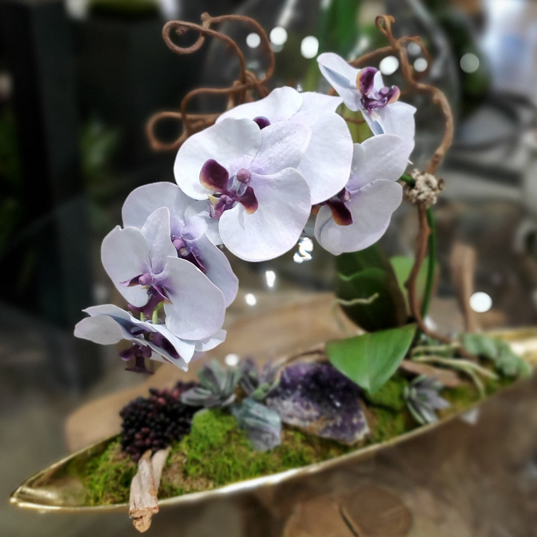 Phalaenopsis Orchid with Amethyst and Fluorite Crystals and Sedum in Boat FD: 17"H - LDF Silk