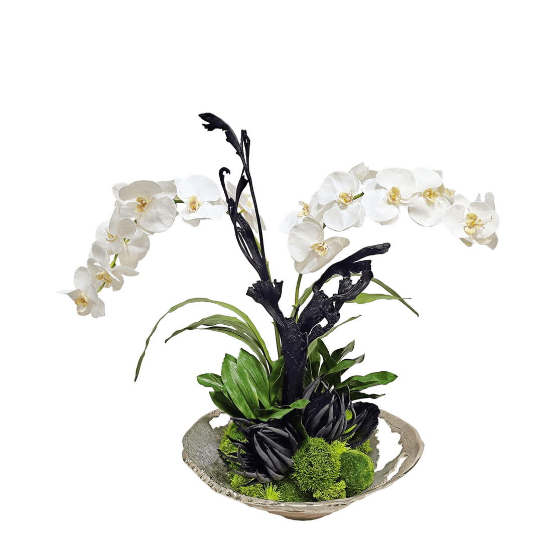 Phalaenopsis Orchids, Natraj and Spheres in Cut Out Metal Bowl 29"H - LDF Silk