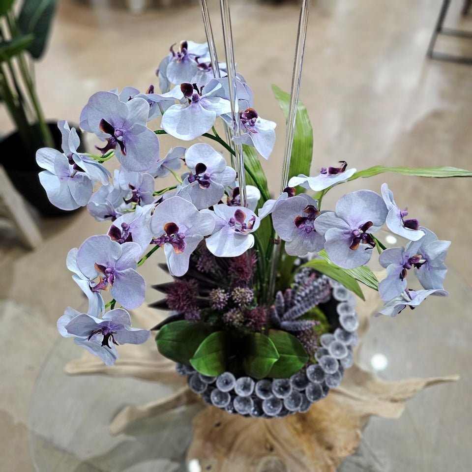 Phalaenopsis Orchids on Acrylic Rods with Leaves, Succulents and Allium in Decorative Ceramic Bowl. 35"H - LDF Silk