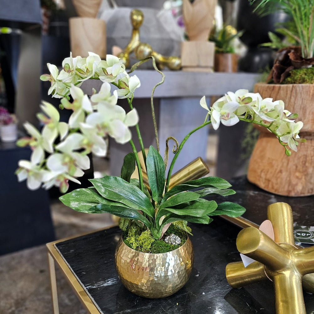 Phalaenopsis Orchids with Leaves and Pyrite in Hammered Metal Bowl 20"H - LDF Silk
