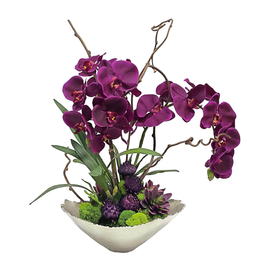 Phalaenopsis Orchids with Leaves, Succulents and Kiwi in Raw Edge Metal Bowl 25"H - LDF Silk