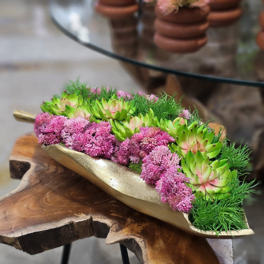 Pink and Green Succulents in Gold Metal Leaf 3"H - LDF Silk