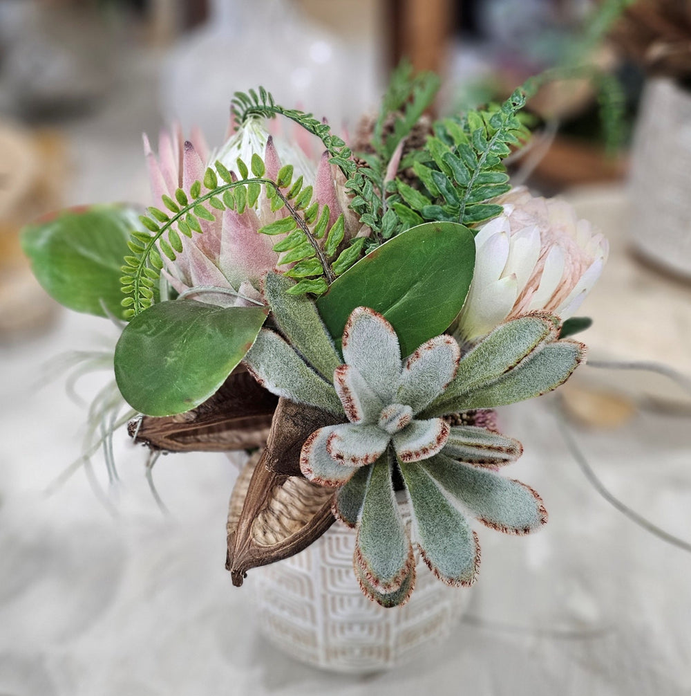 Pink Protea, Banksia, Panda Succulent and Tillandsia in Patterned Ceramic. 14"H - LDF Silk