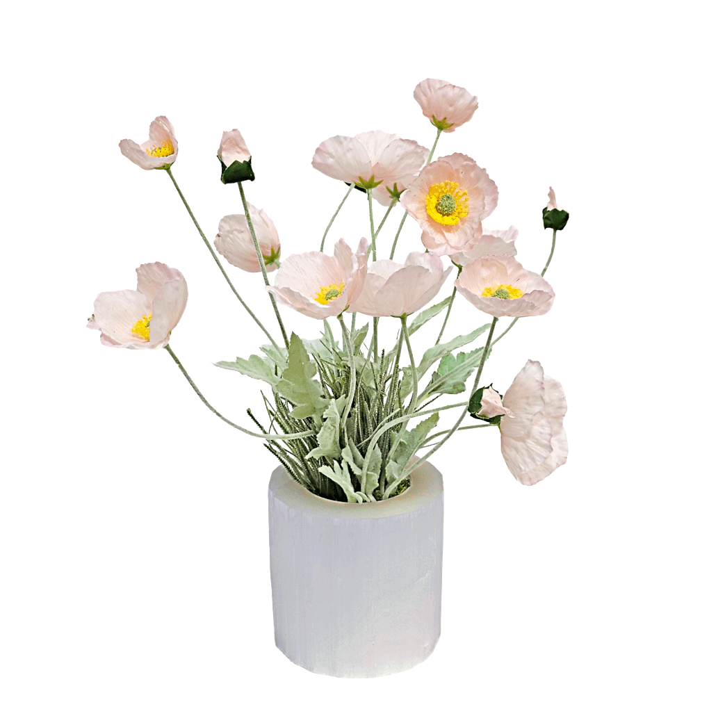 Poppies in Selenite Container 17"H X 13"DIA - LDF Silk
